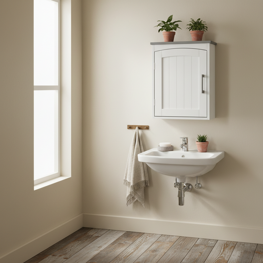 Muhieta Wall Mounted Bathroom Storage Cabinet With Arched Door And Adjustable Shelving Light Grey And White
