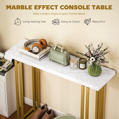 Mahota Metal And Faux Marble White Slim Entryway Console Table With Safety Bracing