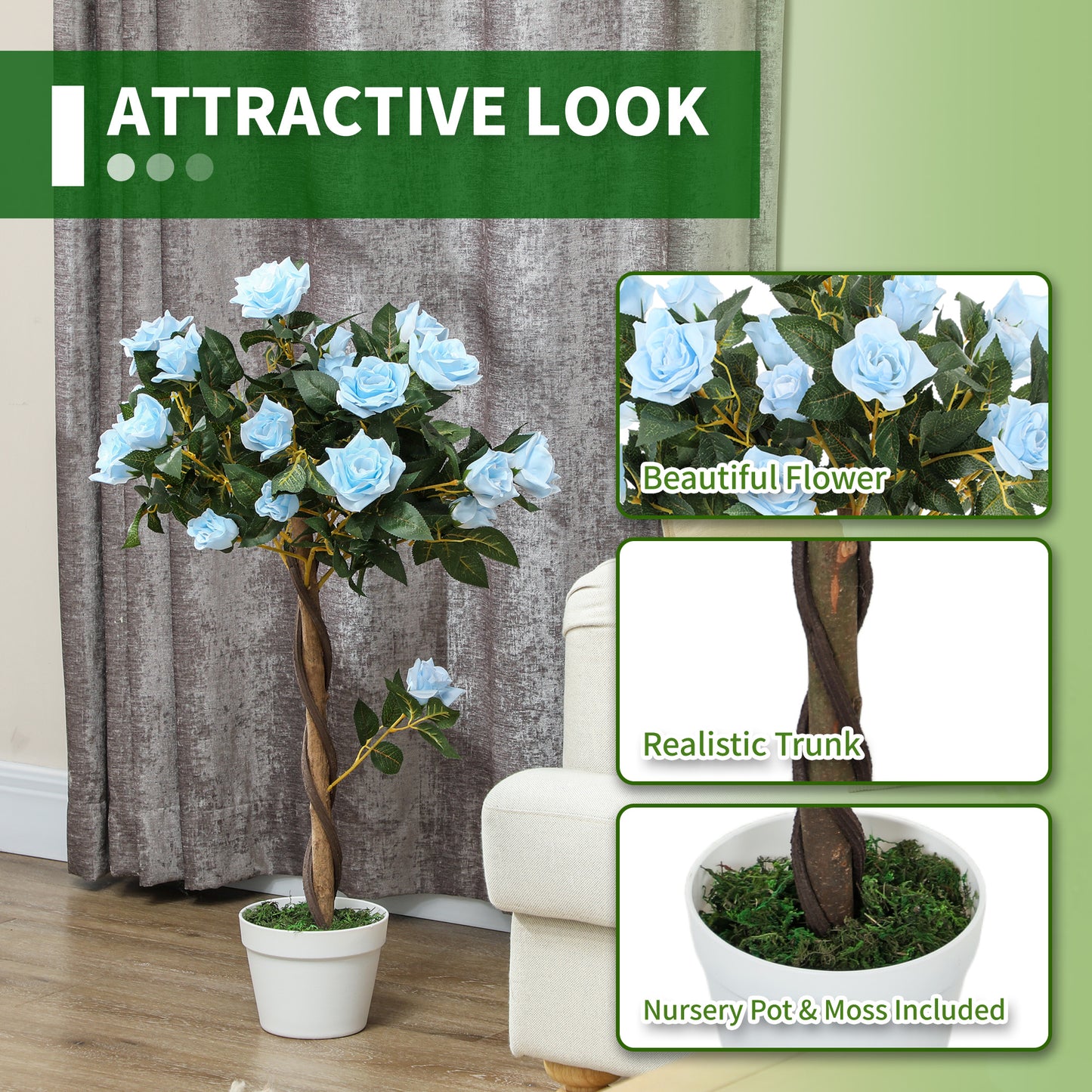 Virama Sura Set Of 2 Artificial White Rose Floral Plants In Pots H8 90cm Light Blue