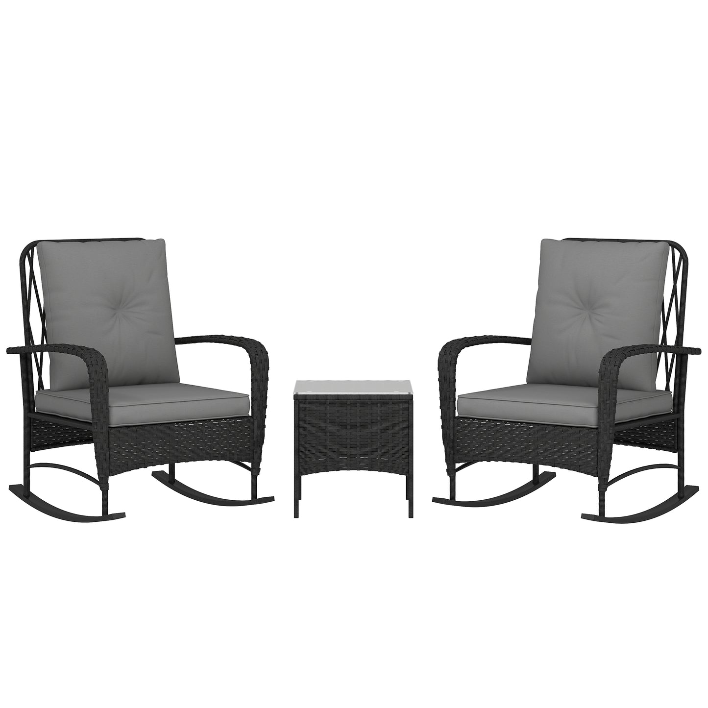 Nassotti Rattan Black 3 Piece Rocking Bistro Set Grey Cushions