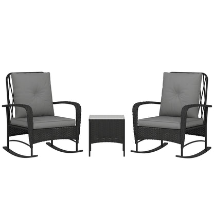 Nassotti Rattan Black 3 Piece Rocking Bistro Set Grey Cushions