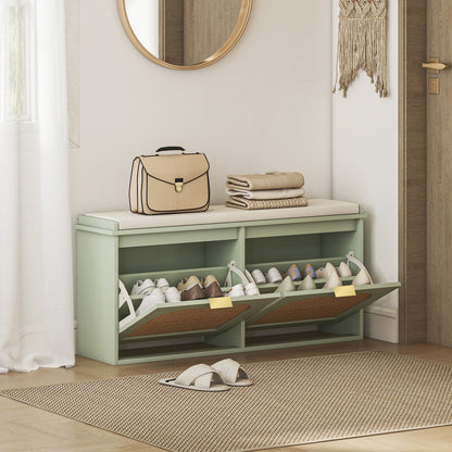 Rika Wooden Light Green Boho Style Shoe Bench With Cushioned Seat And 2 Flip Drawers