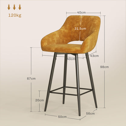 Fadole Velvet Gold Mustard Bar Stools Set Of 2 With Soft Touch Upholstery And Footrests