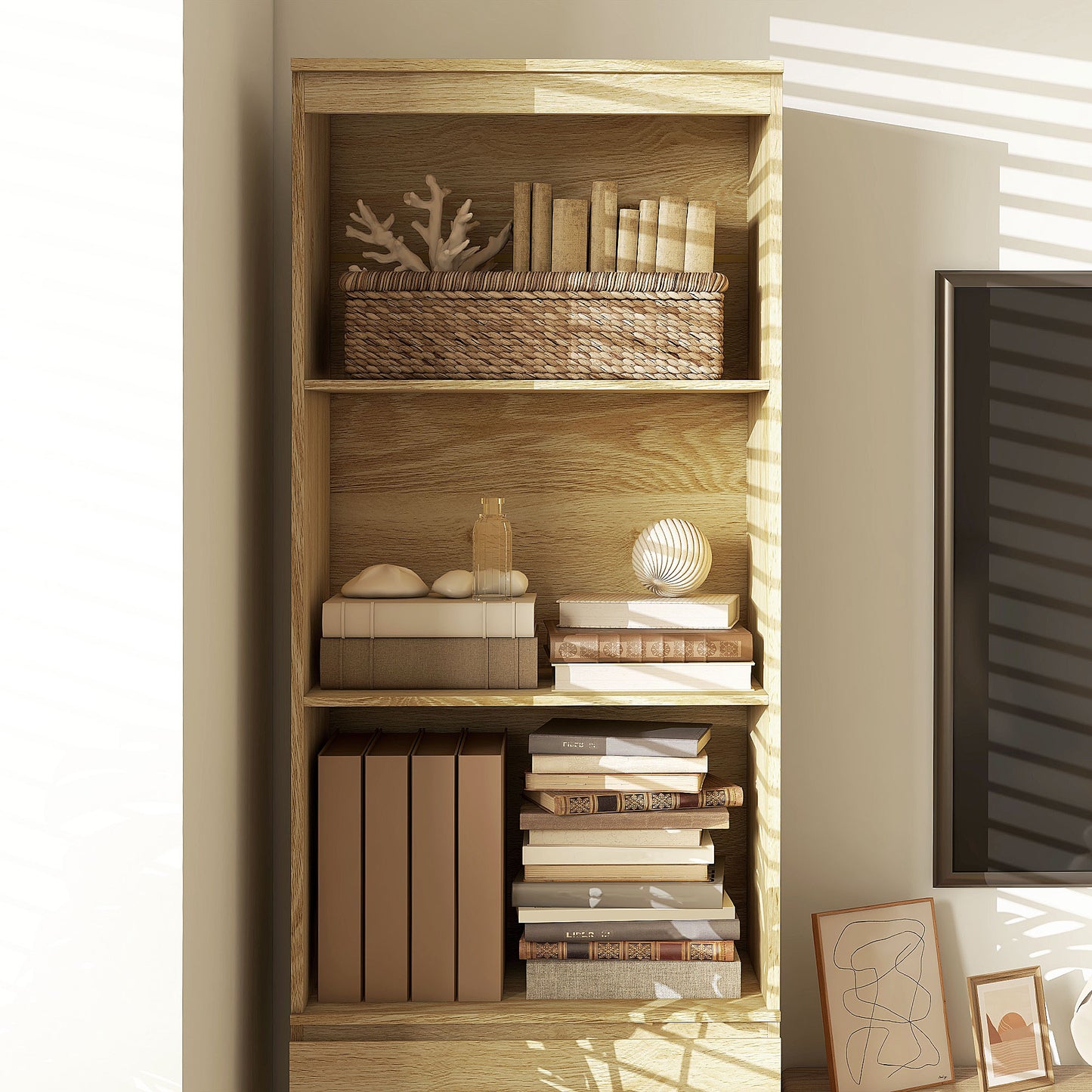 Codico Wood Effect Tall Bookcase With Shelves And Integrated Drawers 180cm