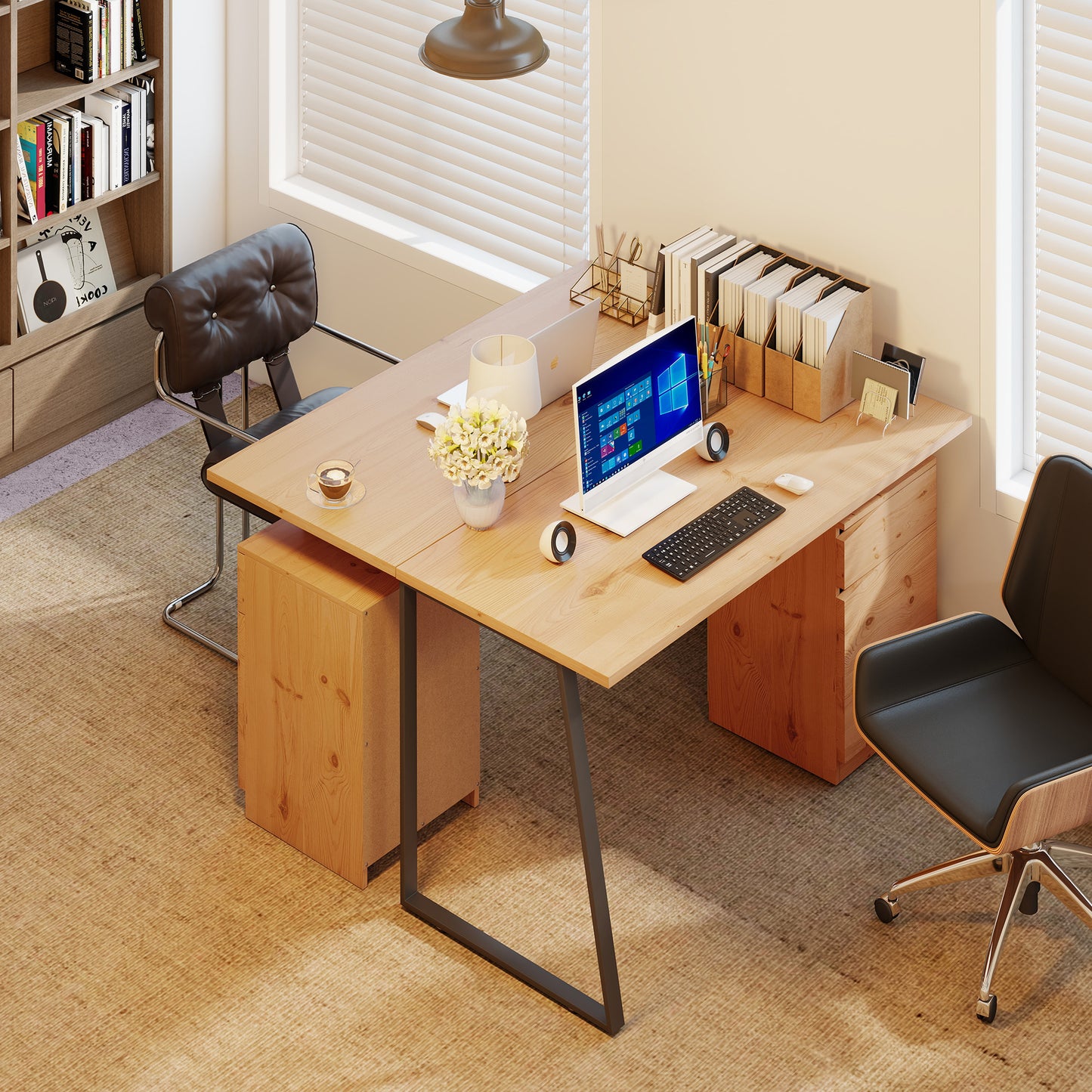 Nolole 135cm Natural Wood Home Office Desk With Storage Drawer and Cabinet