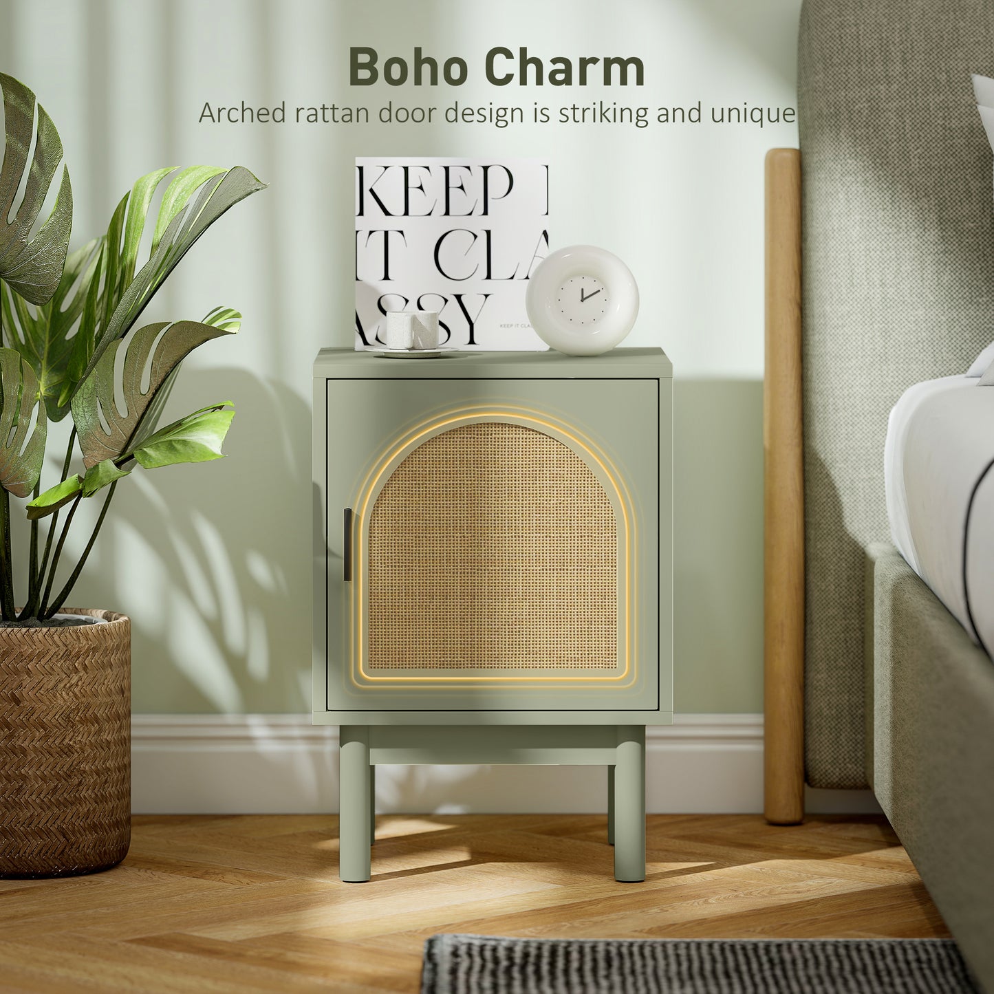 Yotomo Sake Light Green Rattan Bedside Table With Natural Woven Detail