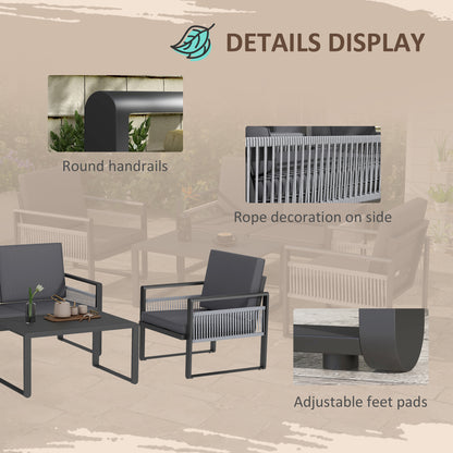 Yotono 4 Seater Grey Rattan Rope Garden Dining Set with Grey Cushions