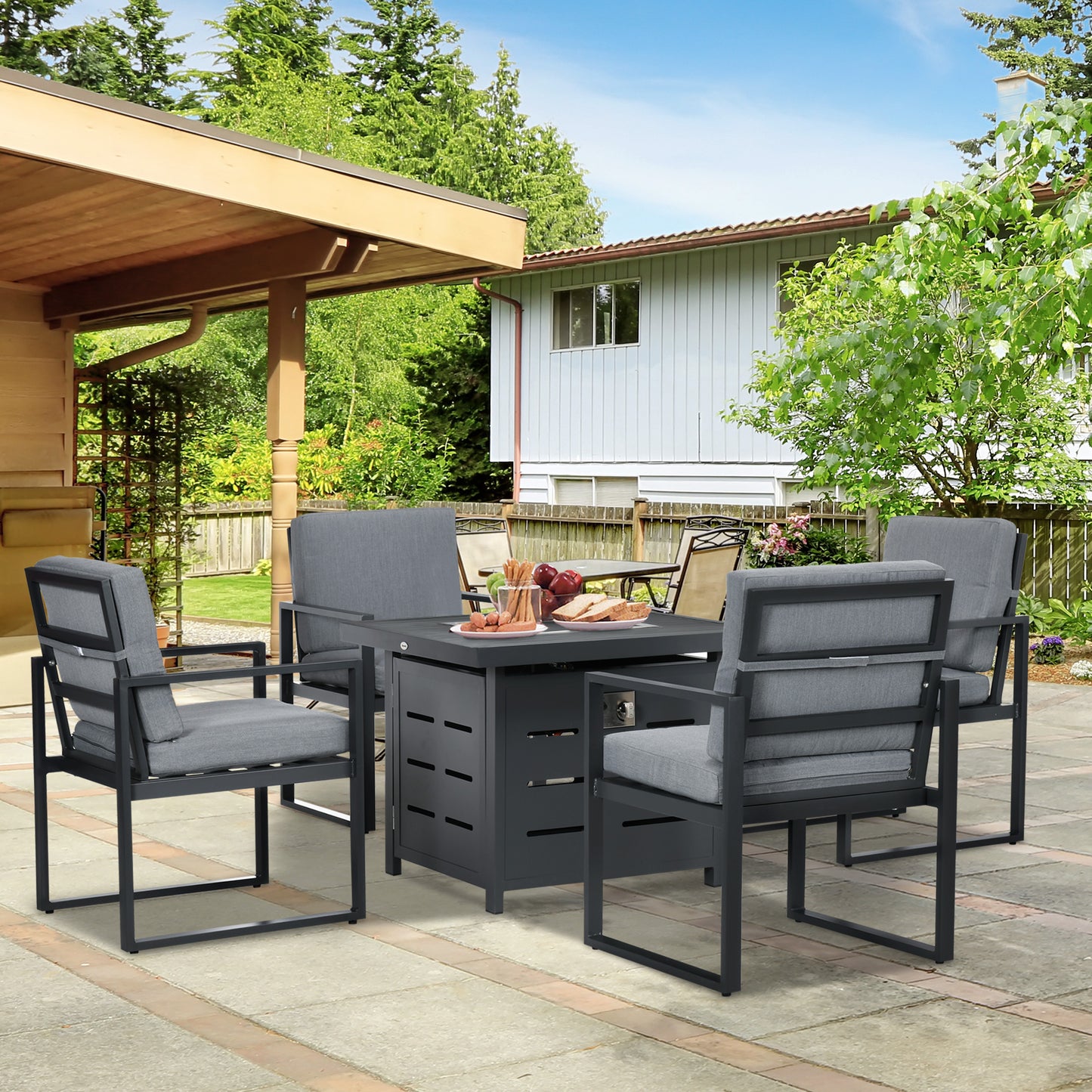 Mira 4 Seater Grey Aluminium Garden Furniture Set with Gas Fire Pit Table
