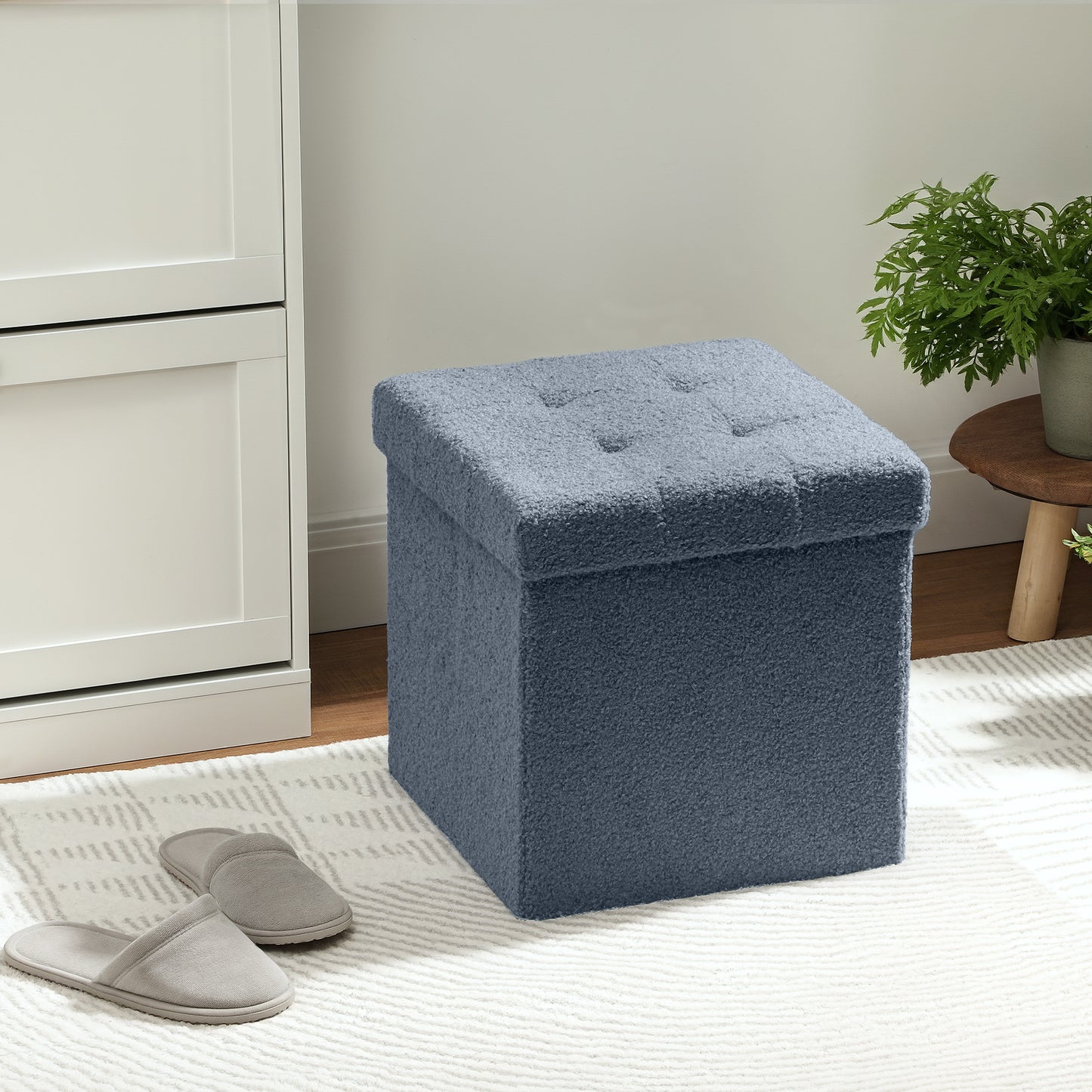 Fazi Sherpa Fleece Blue Foldable Storage Ottoman Diamond Tufted Lid