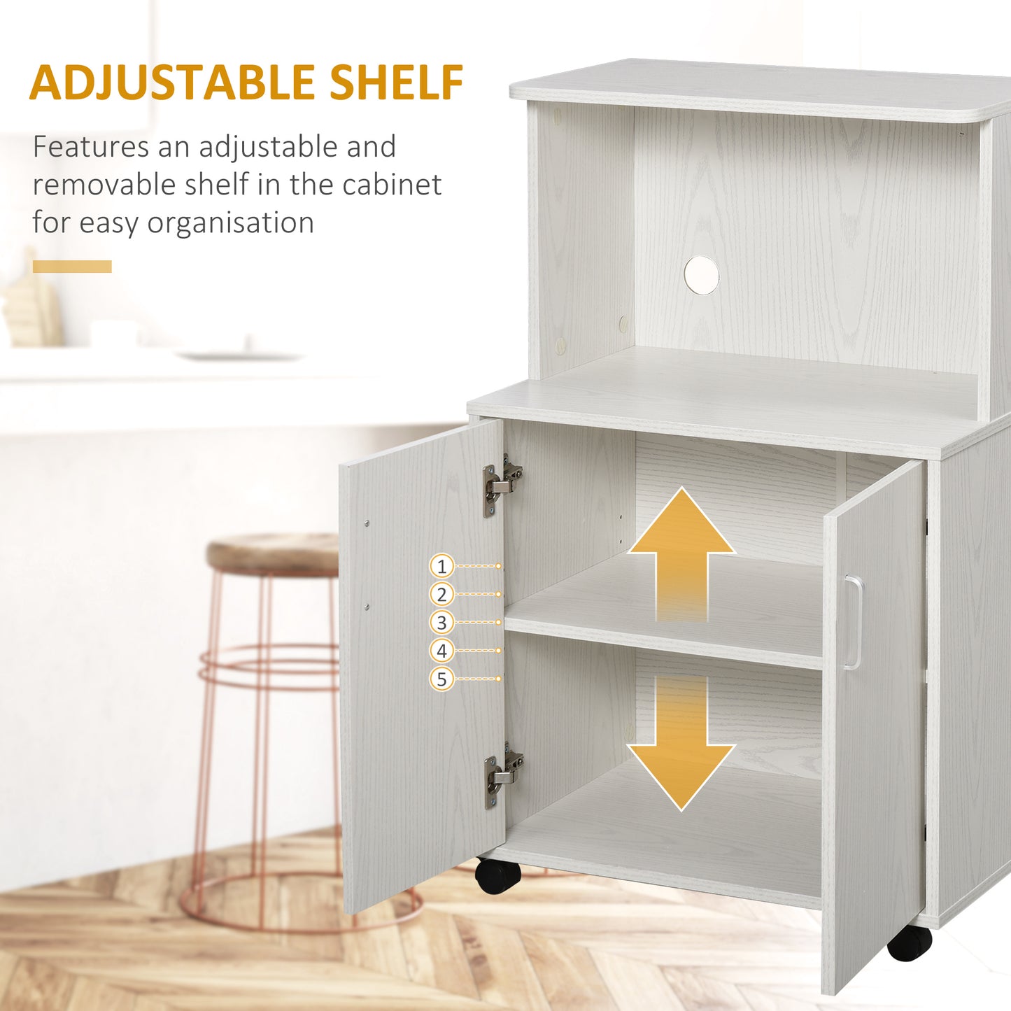 Fari Move Wooden White Microwave Stand Kitchen Trolley With Storage Cabinet And Locking Wheels