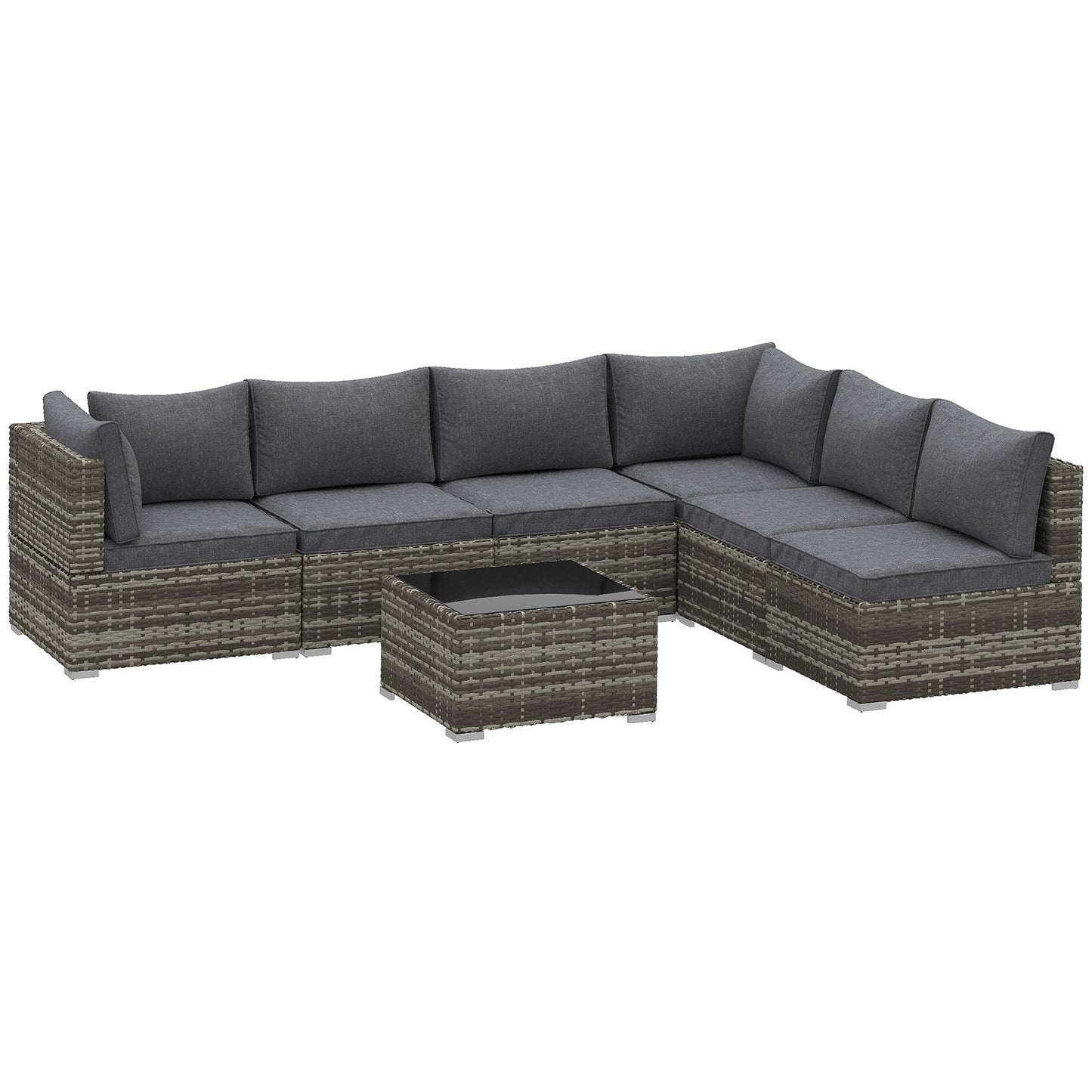 Noneli Dark Grey Rattan 5 Seater Outdoor Corner Sofa Set With Glass Coffee Table