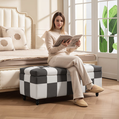 Susula Velvet Dark Grey And White Check Pattern Storage Bench With Wooden Legs