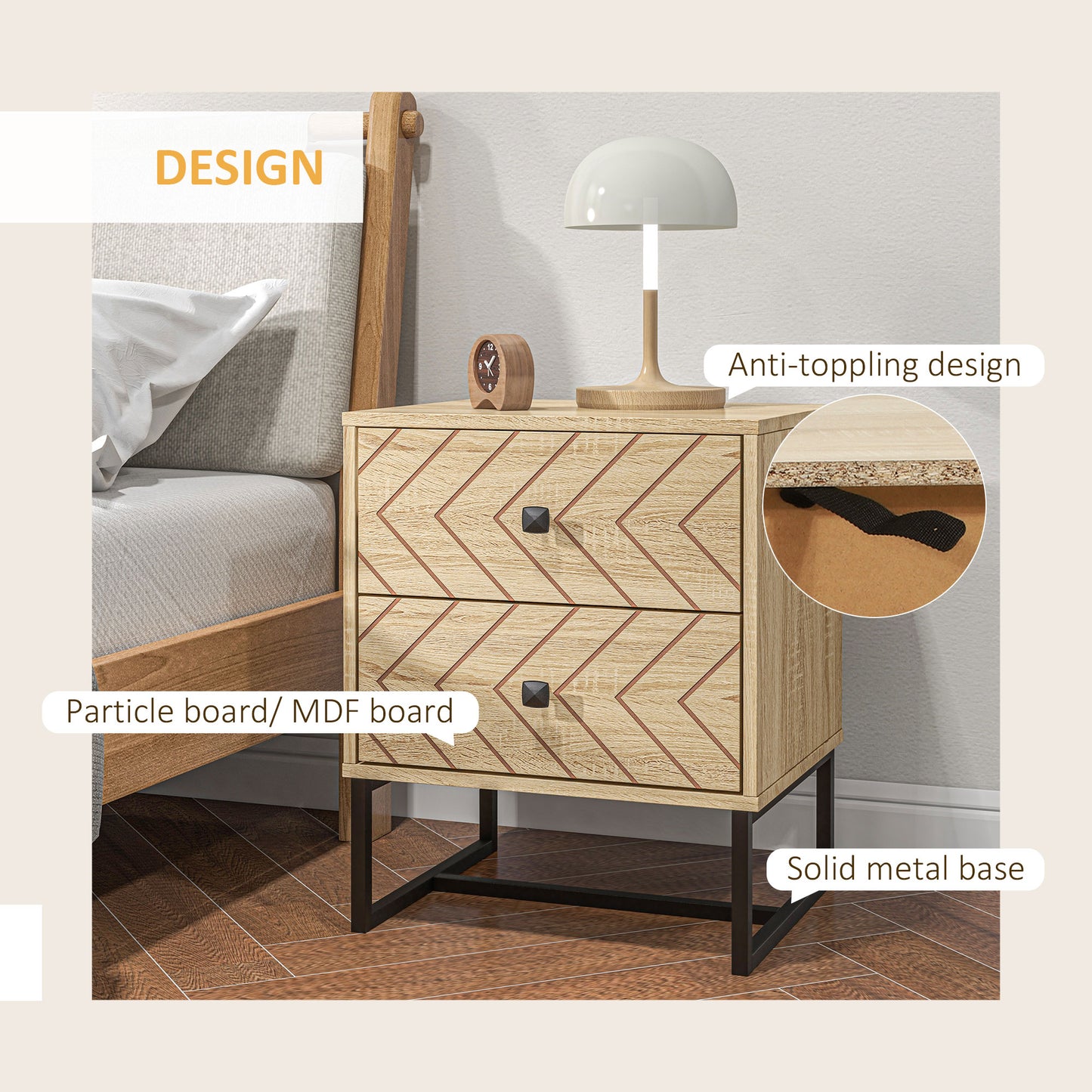 Sare Set of 2 Wooden Natural Bedside Tables Zig Zag 2 Drawers