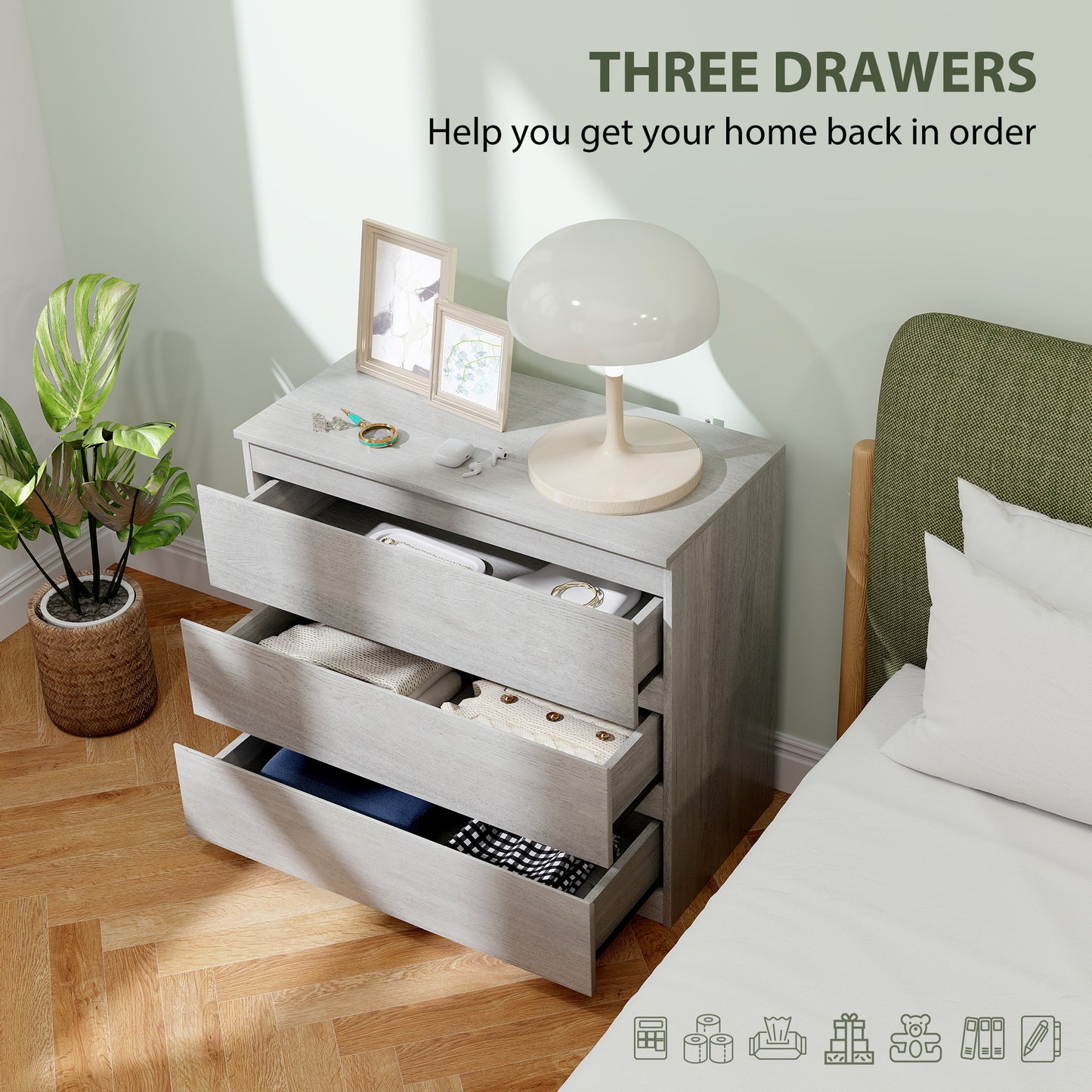 Serene Wooden Grey Wood Effect 3 Drawer Storage Chest