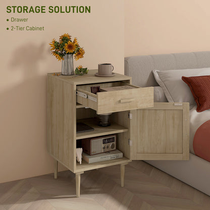 Basose Natural Wood Effect Rattan Bedside Table With Drawer And Door
