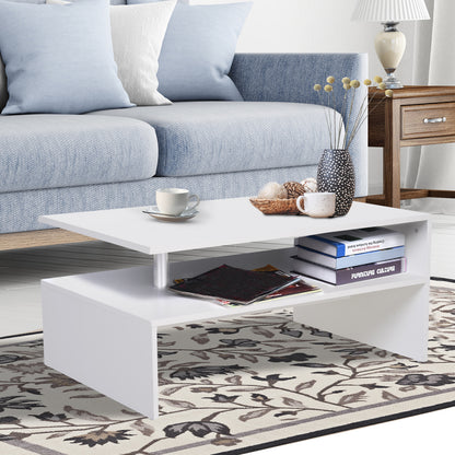 Vifama Wooden White 2 Tier Coffee Table With Open Shelving And Aluminium Supports