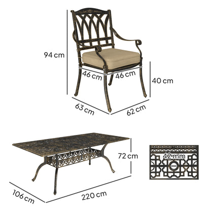 Vesuno 8 Seater Bronze Cast Aluminium Garden Dining Set Rectangular Table with Parasol Hole