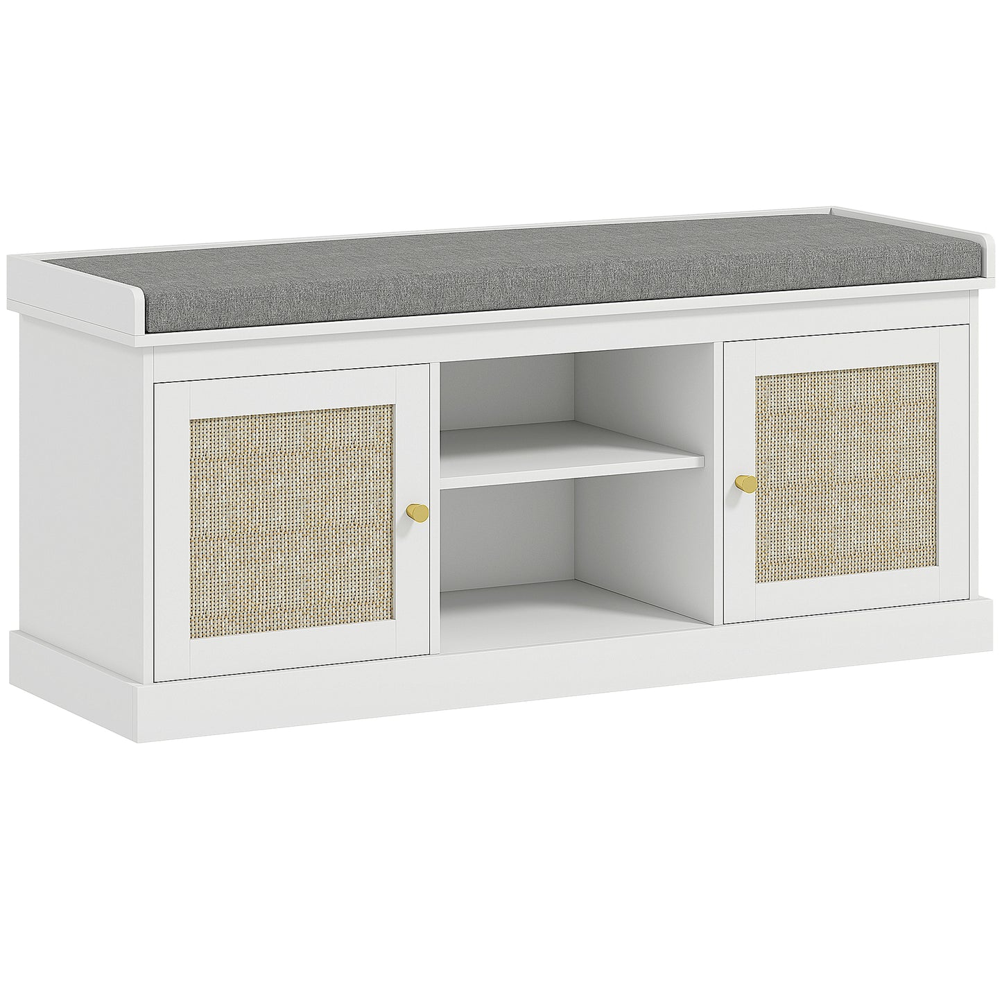 Bafisa Wooden White Boho Shoe Bench With Cushioned Seat And Rattan Doors