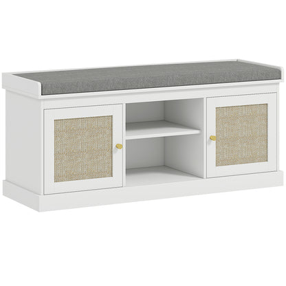 Bafisa Wooden White Boho Shoe Bench With Cushioned Seat And Rattan Doors