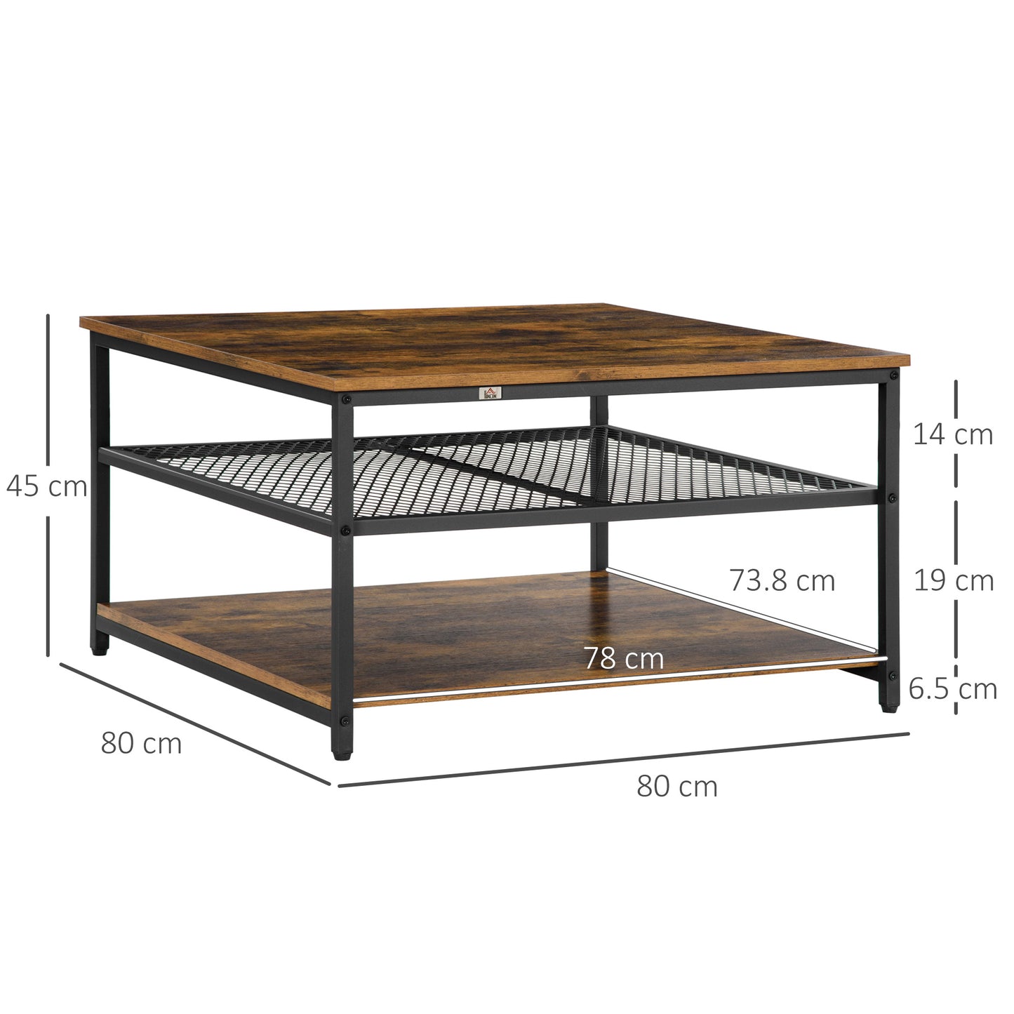 Nafata Wooden Rustic Brown Square Coffee Table With 3 Tier Shelves