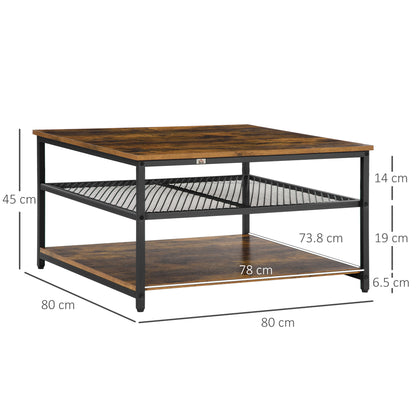 Nafata Wooden Rustic Brown Square Coffee Table With 3 Tier Shelves