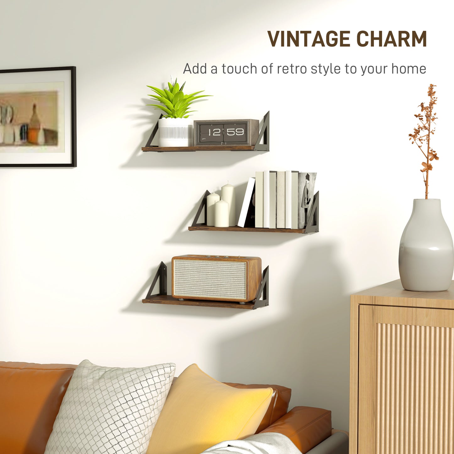 Filozi Wood Rustic Brown Set Of 3 Vintage Style Wall Mounted Shelves 43 cm