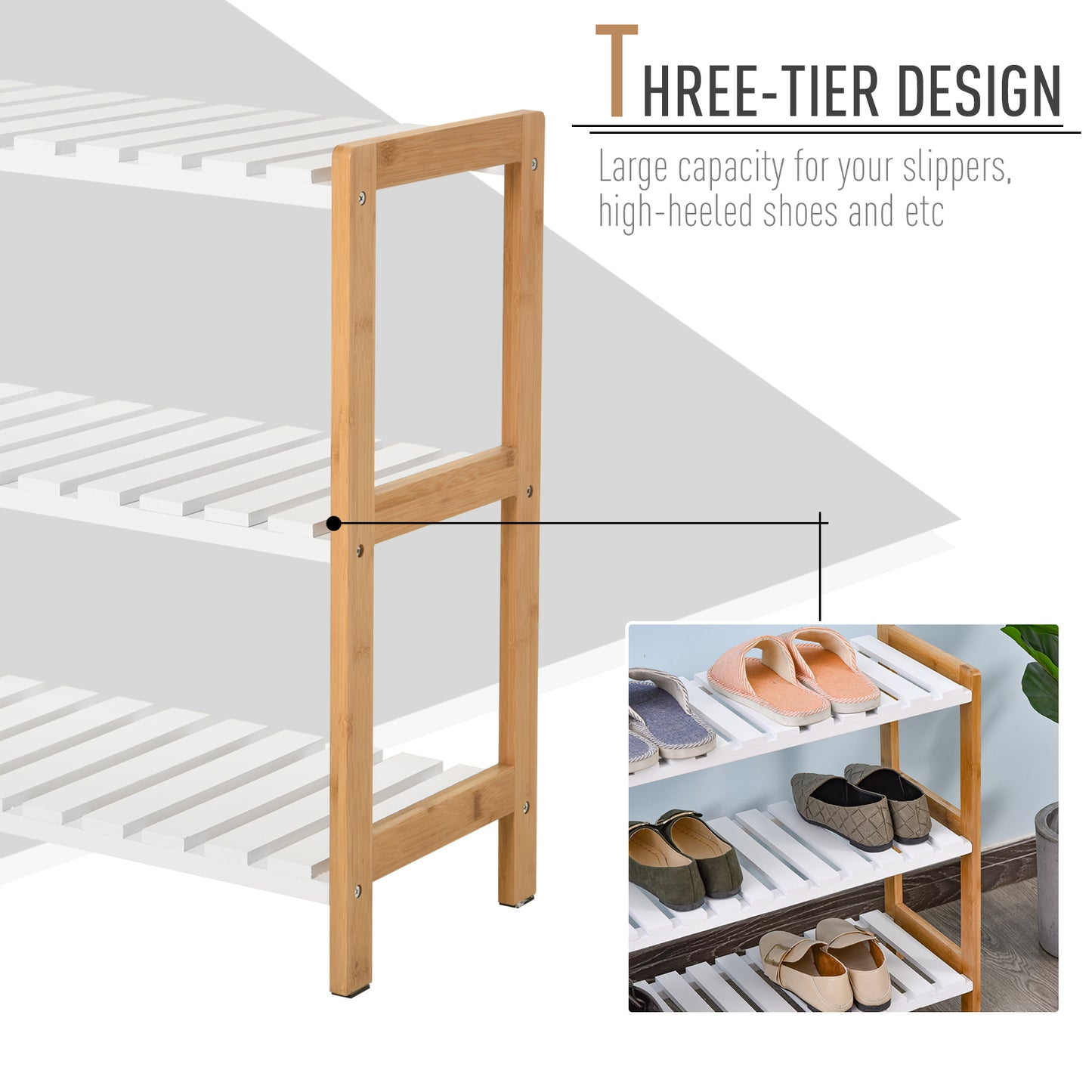 Roello Elta Wooden Natural and White 3 Tier Shoe Rack With Slatted Shelves