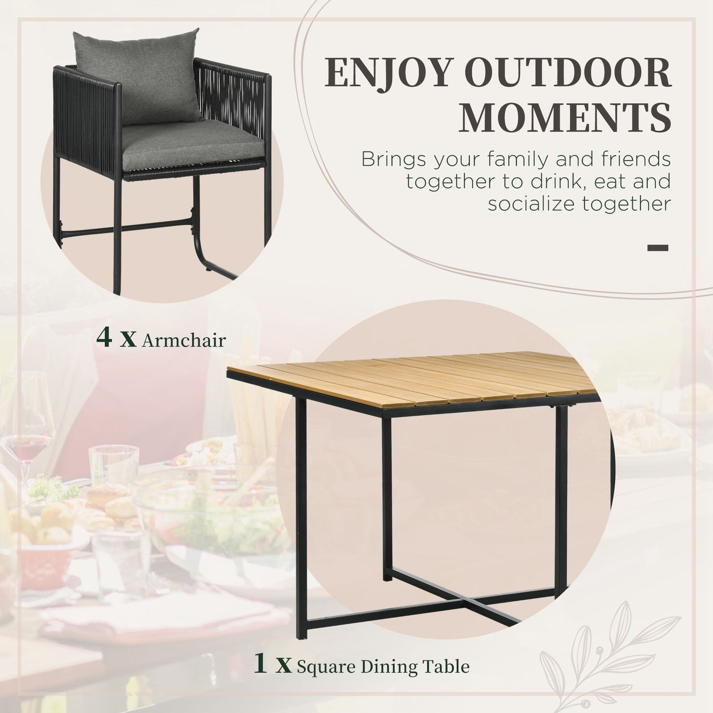 Lilere Rattan Black 4 Seater Cube Garden Dining Set With Cushions And Rectangular Wood Grain Table