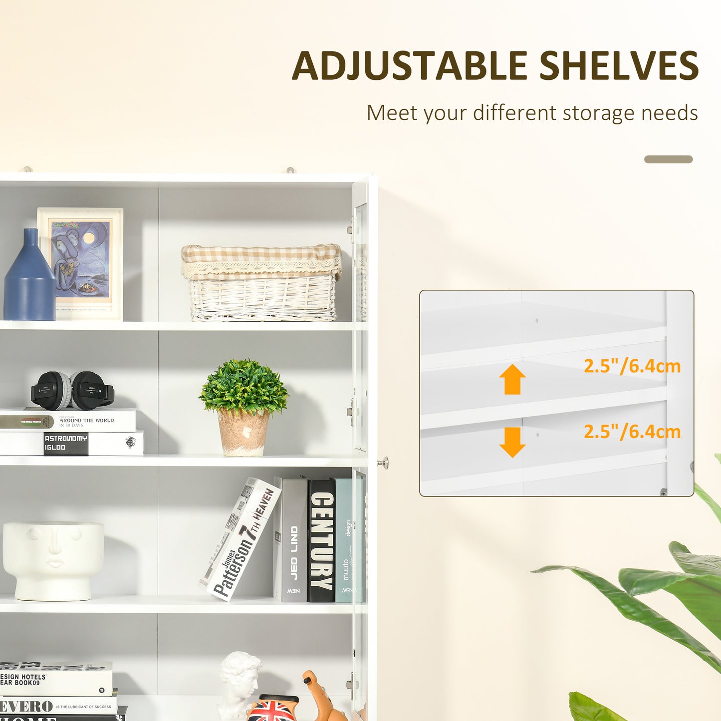 Mola Colu Wood And Glass White Display Bookcase With Adjustable Shelves And Glass Doors