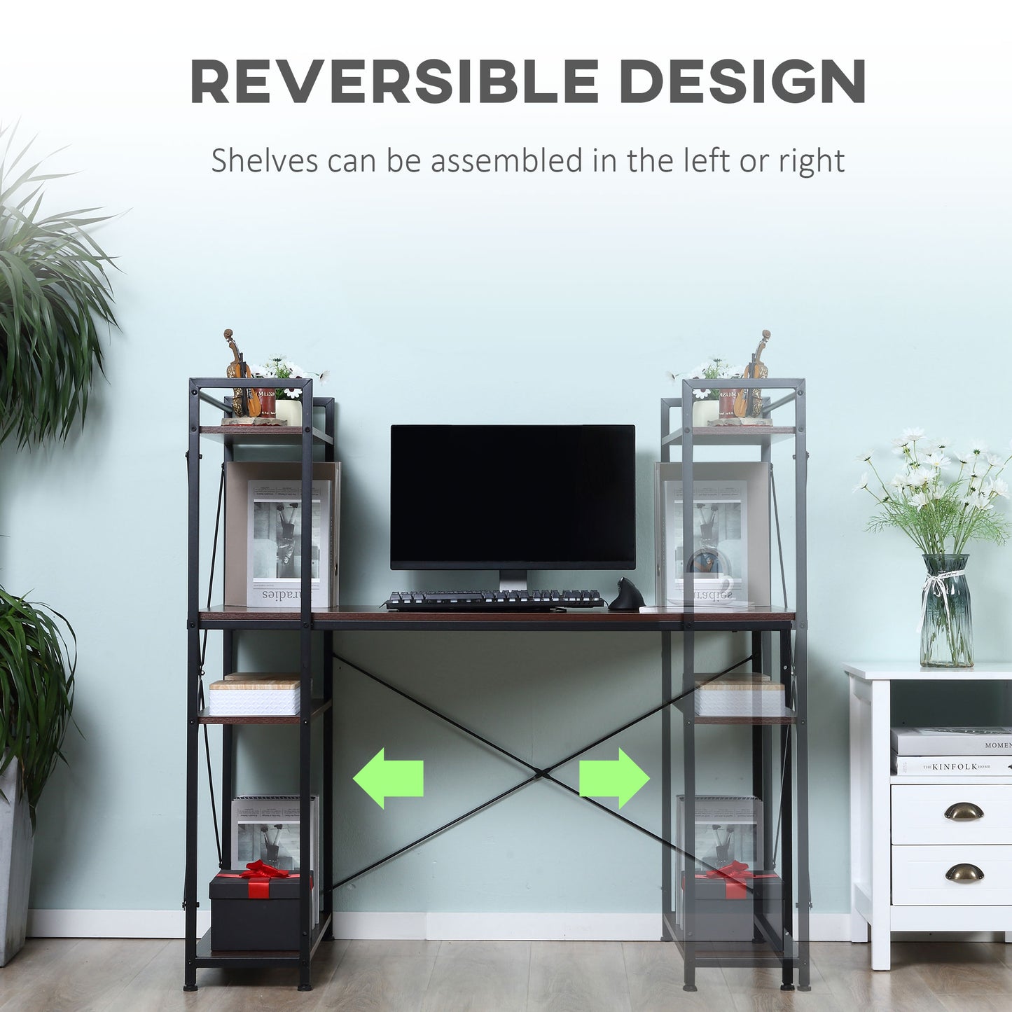 Veva 120cm Metal And Wooden Walnut And Black Reversible Industrial Desk With Side Shelving