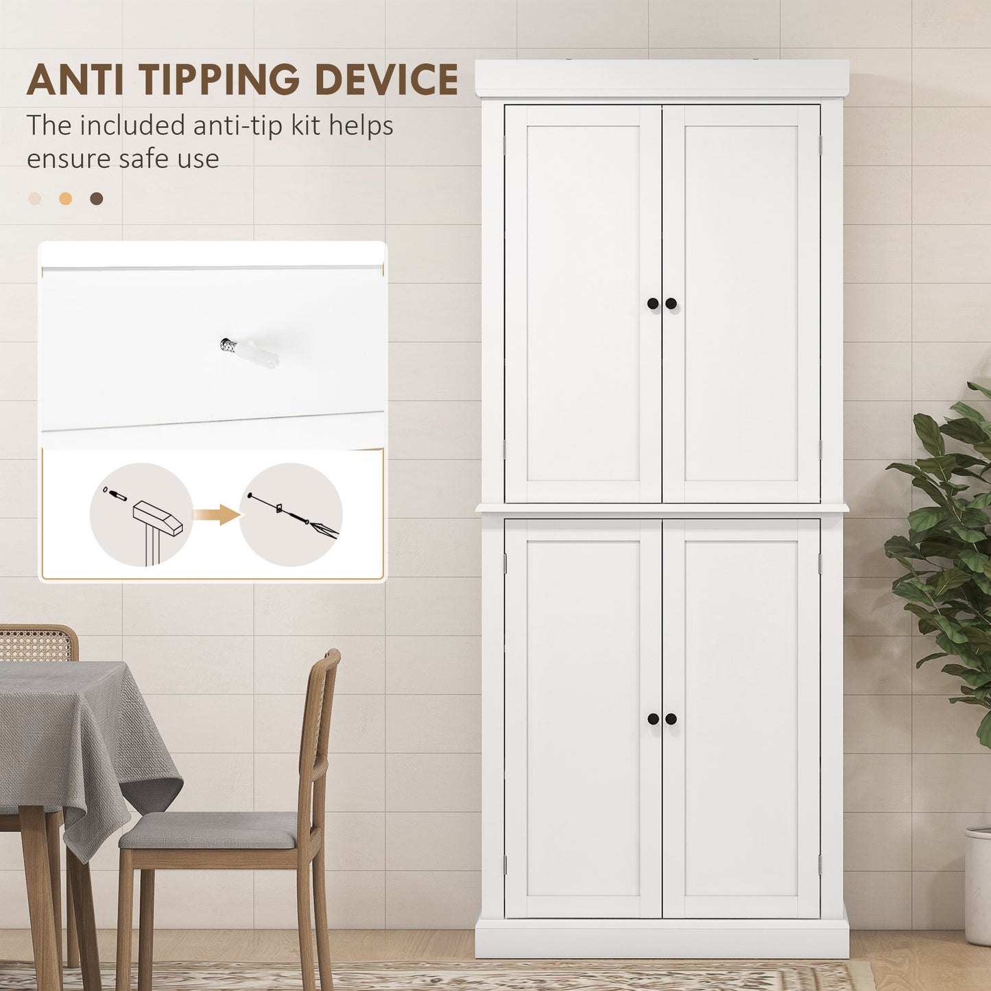 Varofa Wooden White Freestanding Kitchen Cupboard With 4 Doors And 6 Tier Shelving