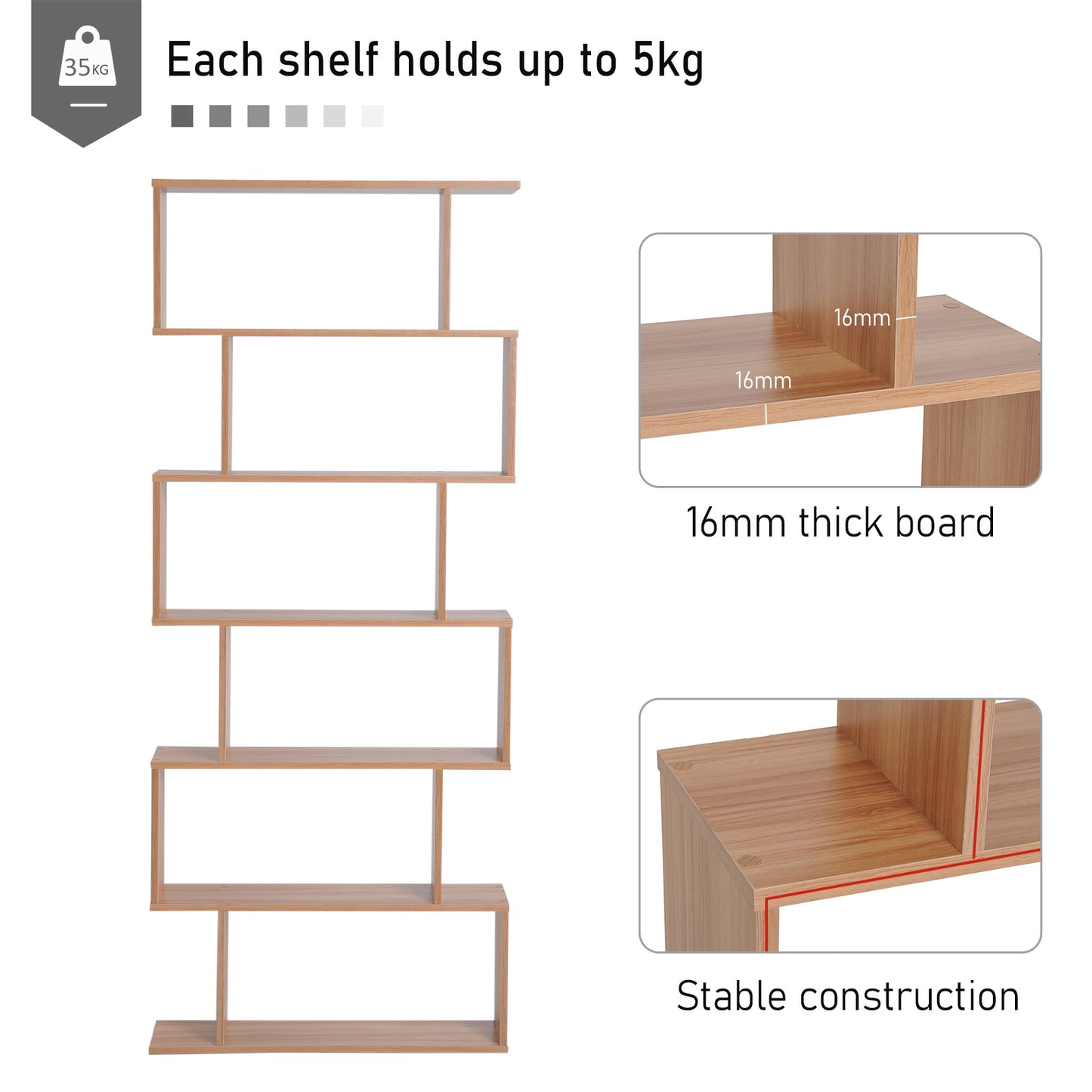 Lisoke Wood Maple 6 Tier S ShaFauxd Display Bookcase