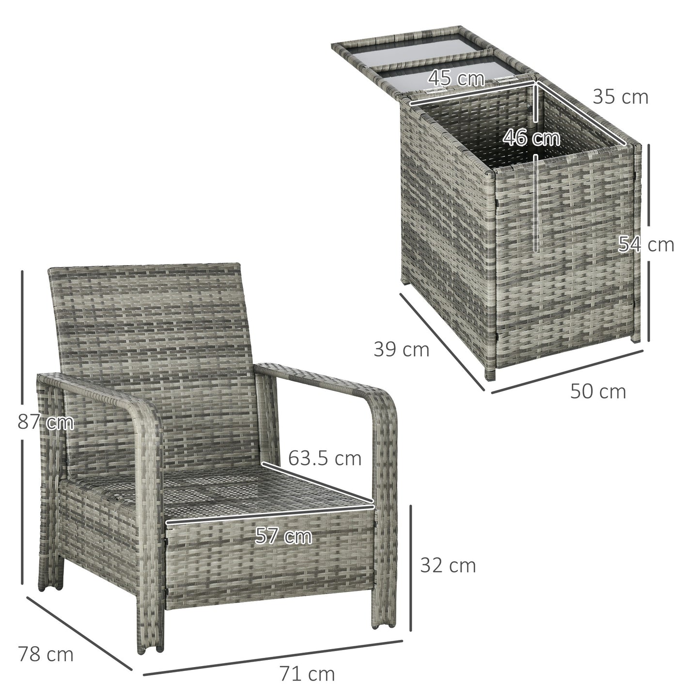 Nola Nora Gey Rattan 3 Piece Bistro Set With Storage Coffee Table And Orange Cushions