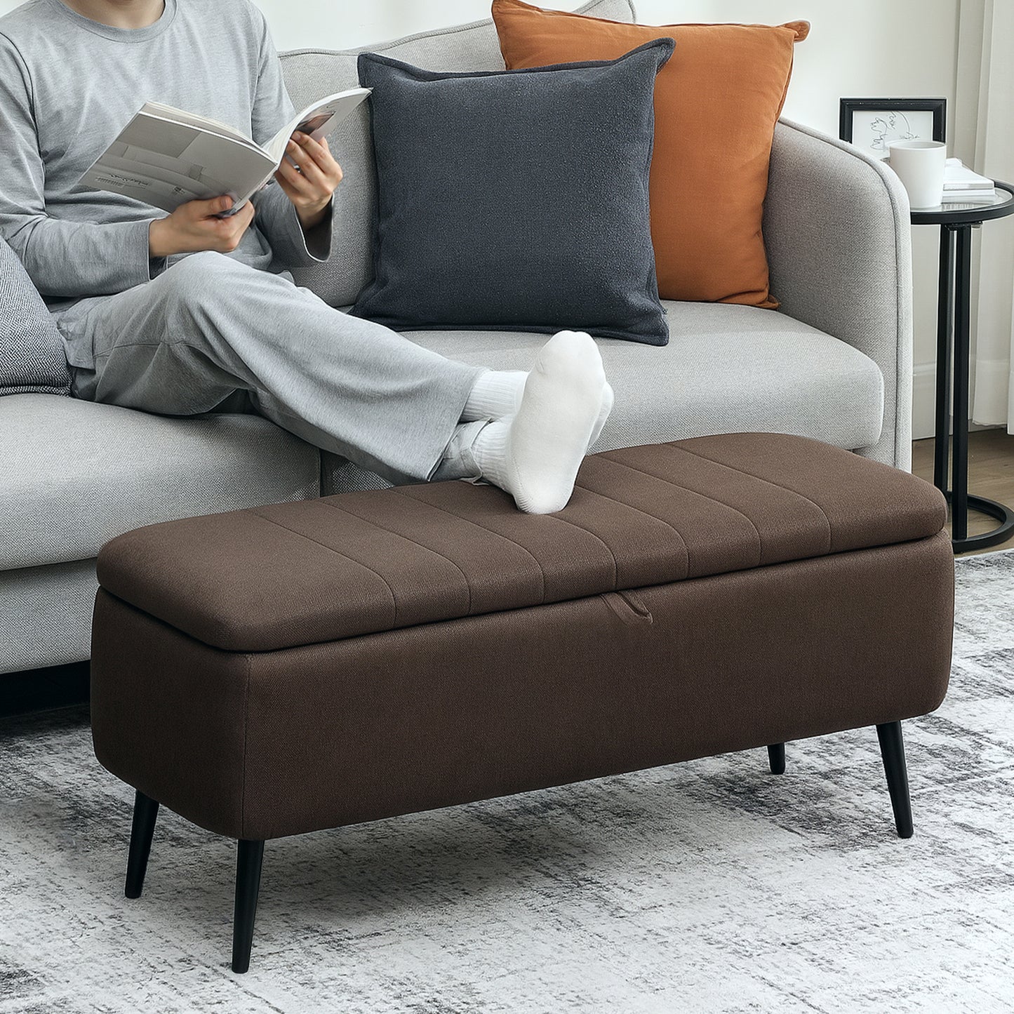 Mahano Linen Look Dark Brown Rectangle Storage Ottoman