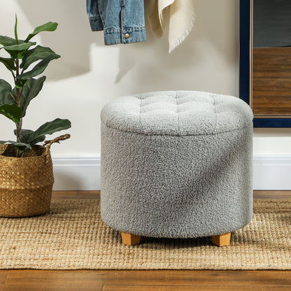 Valefi Teddy Fleece Light Grey Storage Ottoman Diamond Tufted Lid