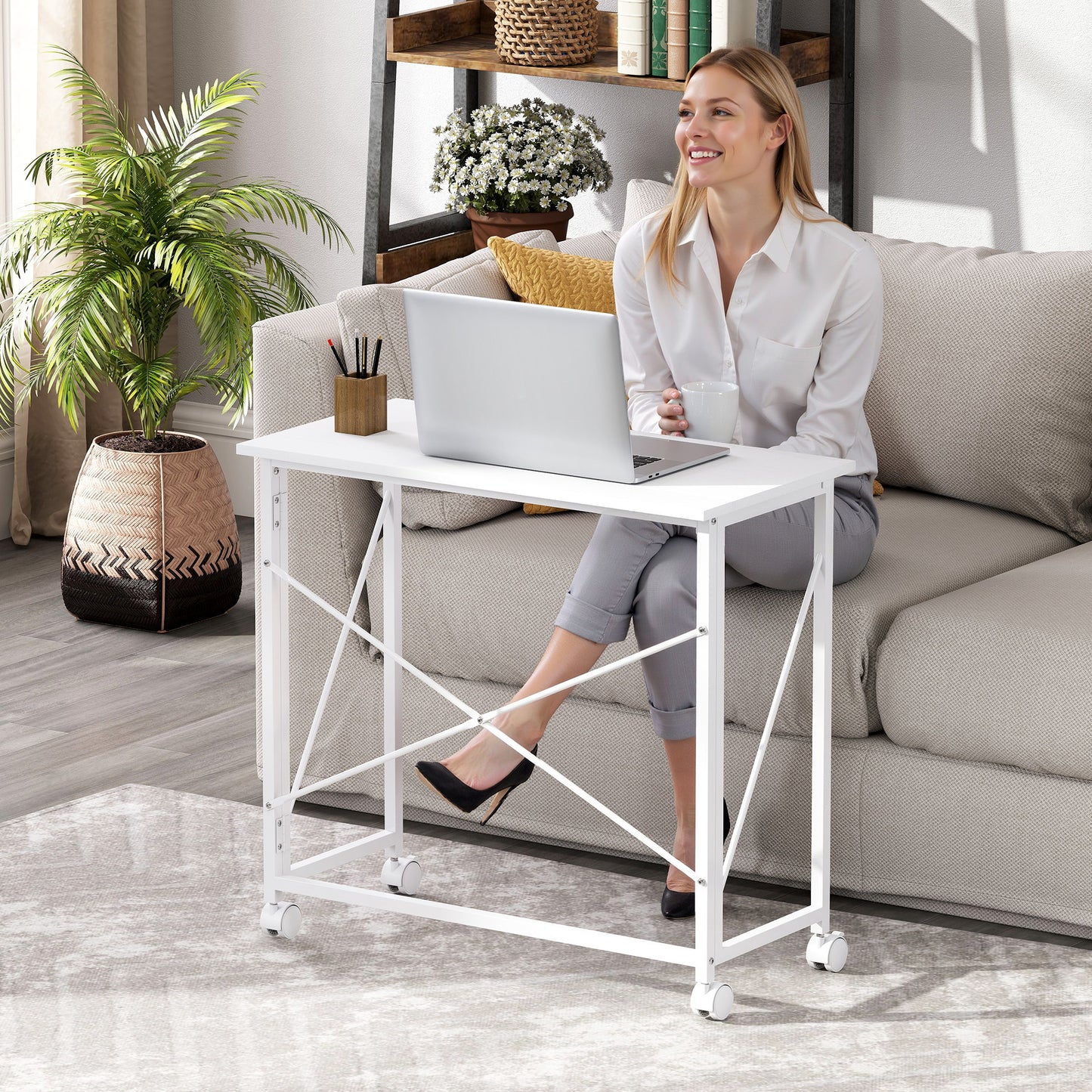 Romira 80cm Metal White Folding Desk Lockable Wheels