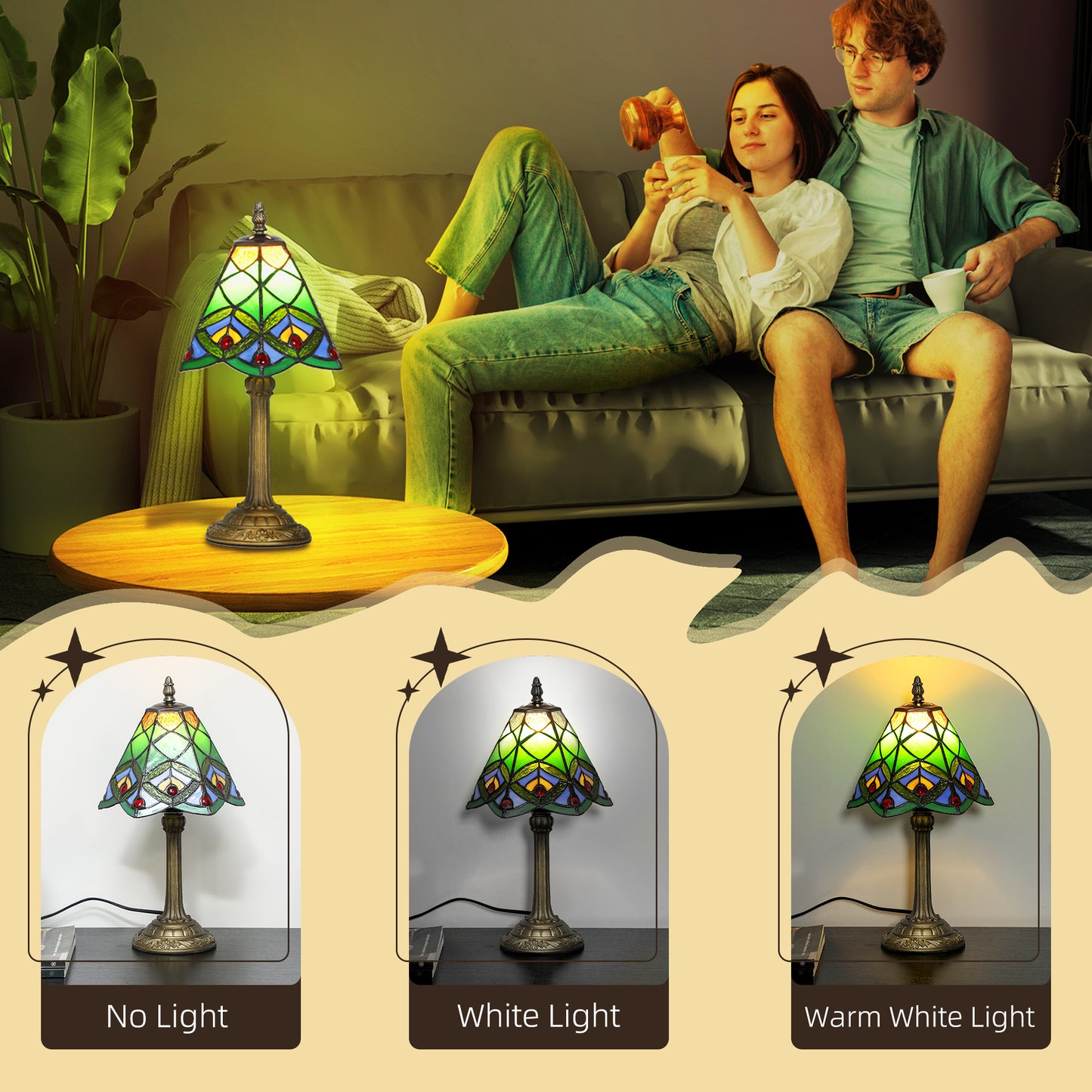 Mamavi Glass And Metal Green Tiffany Style Table Lamp With Geometric Stained Design