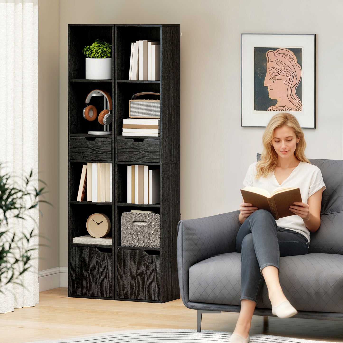 Nota Wooden Black Tall Narrow 6 Tier Bookcase With Drawer And Door