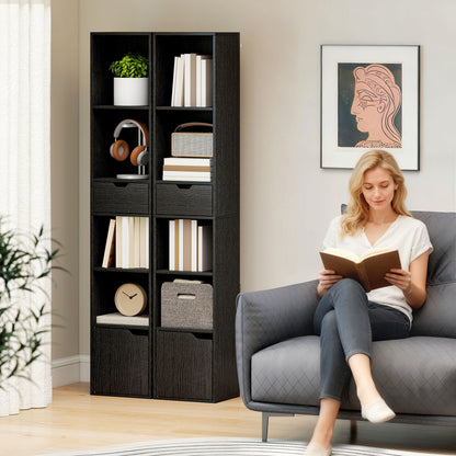Nota Wooden Black Tall Narrow 6 Tier Bookcase With Drawer And Door