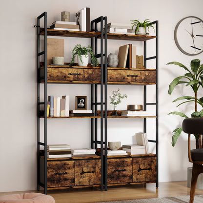 Cova Metal And Wood Brown And Black Industrial Bookcase With 4 Shelves And Fabric Drawers
