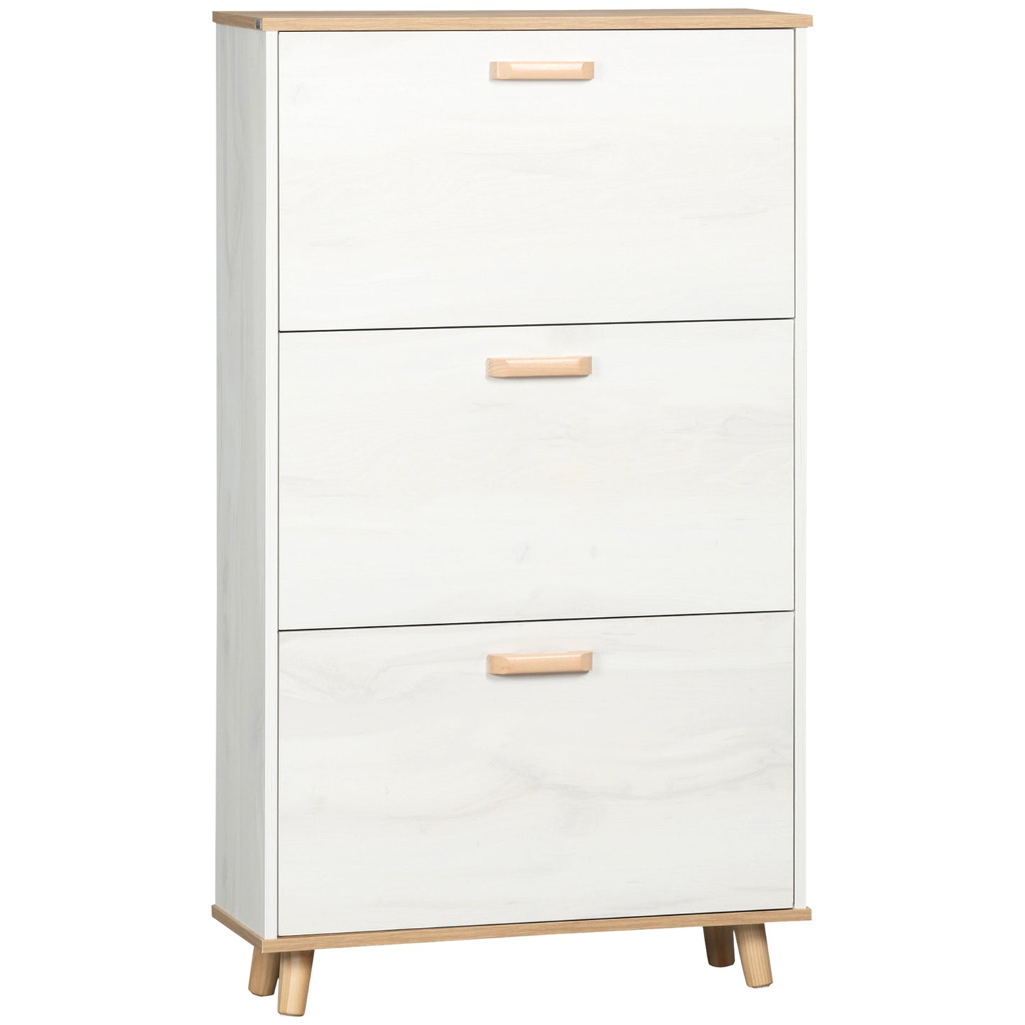 Romola Wooden White and Natural Slim Shoe Cabinet With 3 Flip Drawers For 12 Pairs