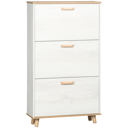 Romola Wooden White and Natural Slim Shoe Cabinet With 3 Flip Drawers For 12 Pairs