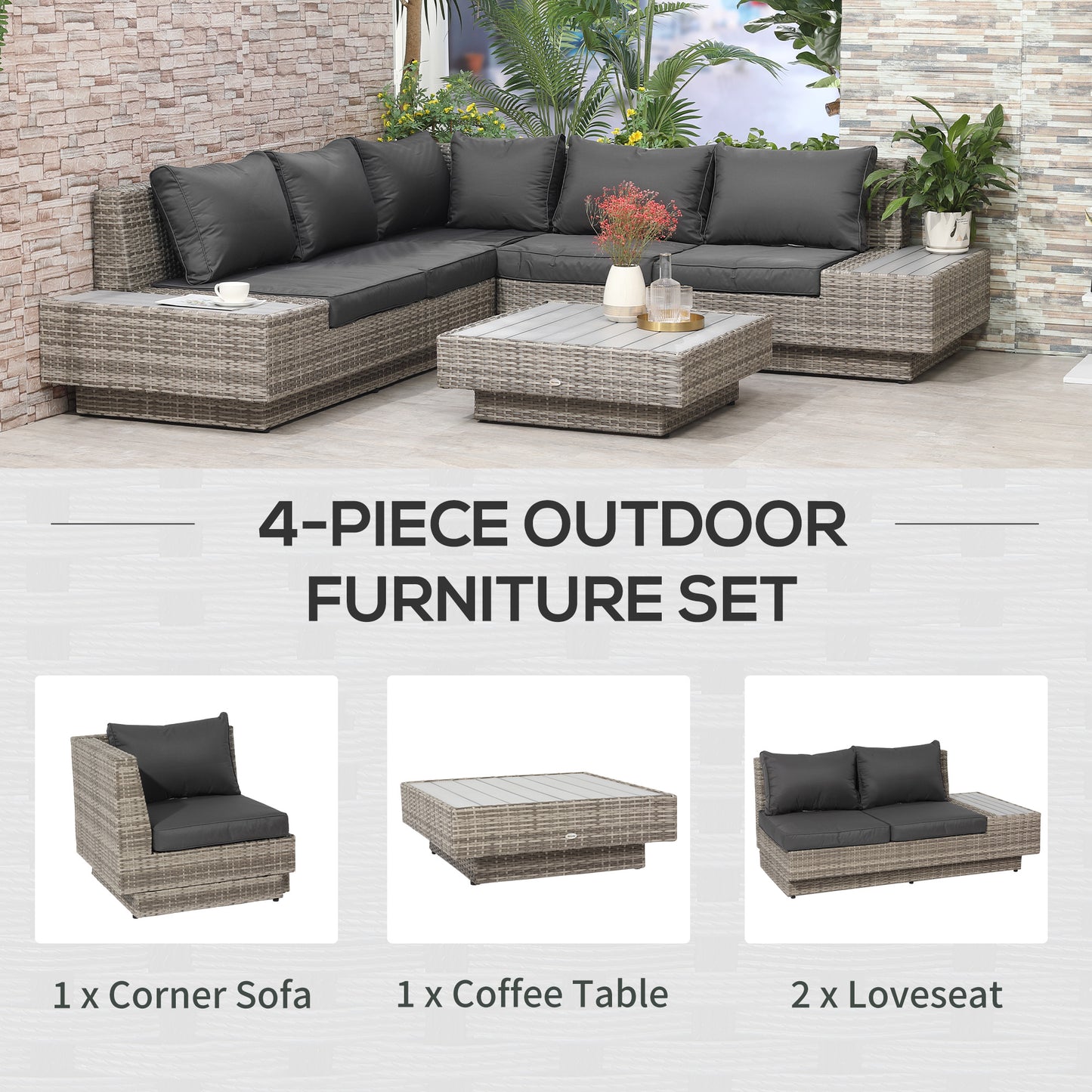 Vaneno Rattan Light Grey 5 Seater Outdoor Corner Sofa And Coffee Table Set With Cushions