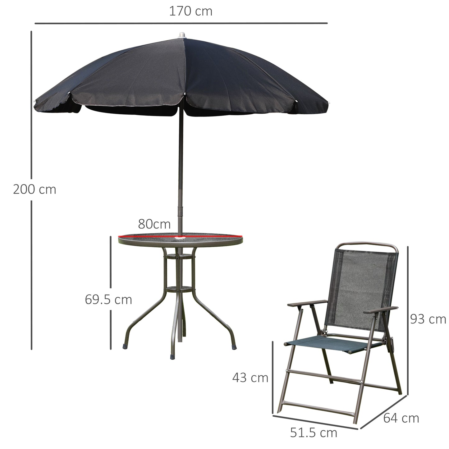 Jattare 4 Seater Metal and Mesh Black Garden Dining Set With Parasol Folding Chairs And Glass Table
