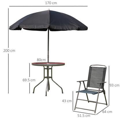 Jattare 4 Seater Metal and Mesh Black Garden Dining Set With Parasol Folding Chairs And Glass Table