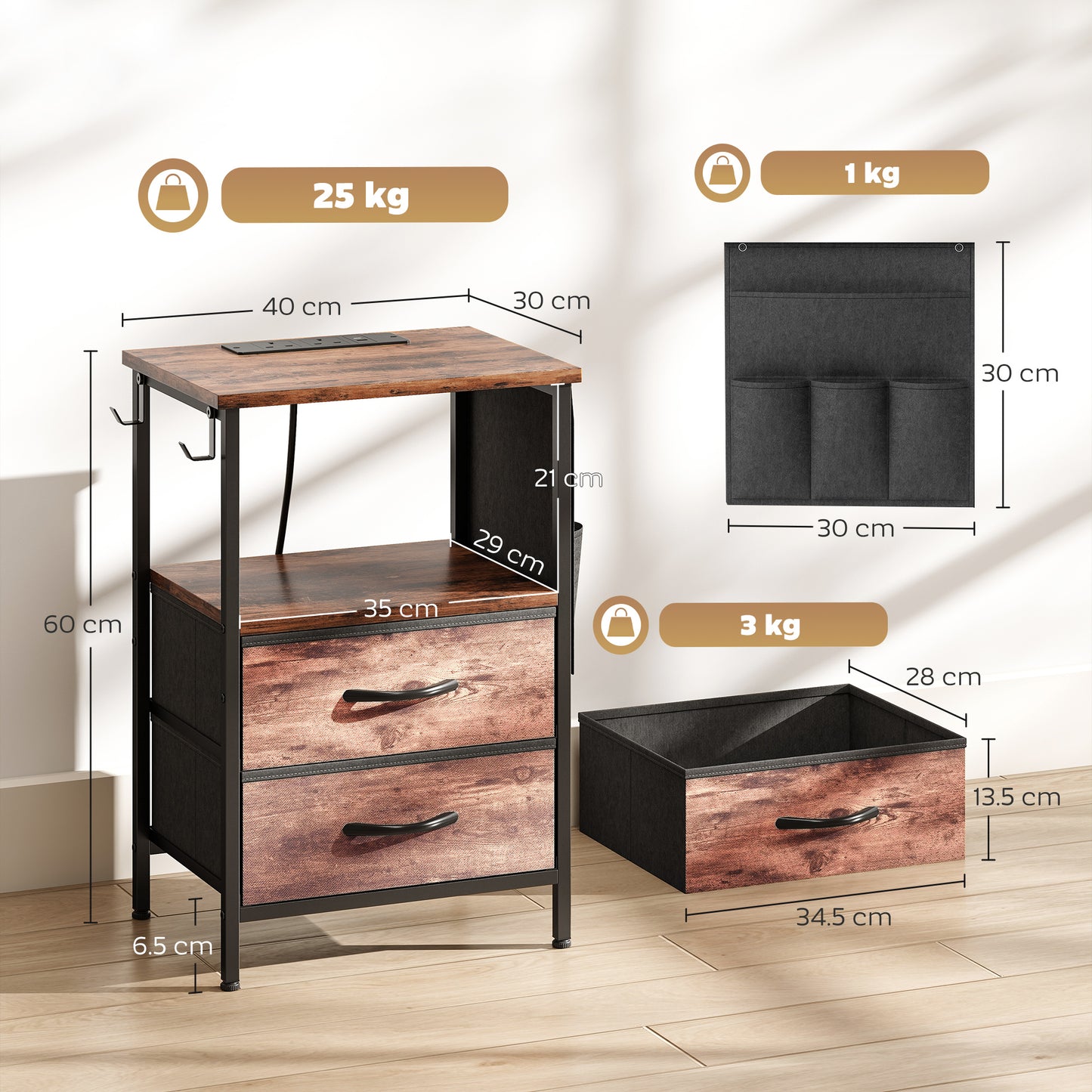 Yoroma Rustic Brown Bedside Table With Built In Charging Ports 2 Drawers