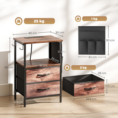 Yoroma Rustic Brown Bedside Table With Built In Charging Ports 2 Drawers