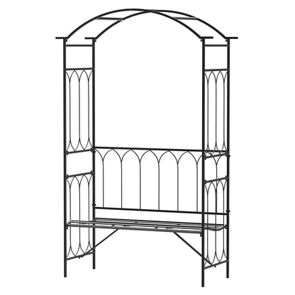 Moretta Metal Black Garden Bench With Arched Trellis Frame For Climbing Plants 115 x 50 x 203 cm