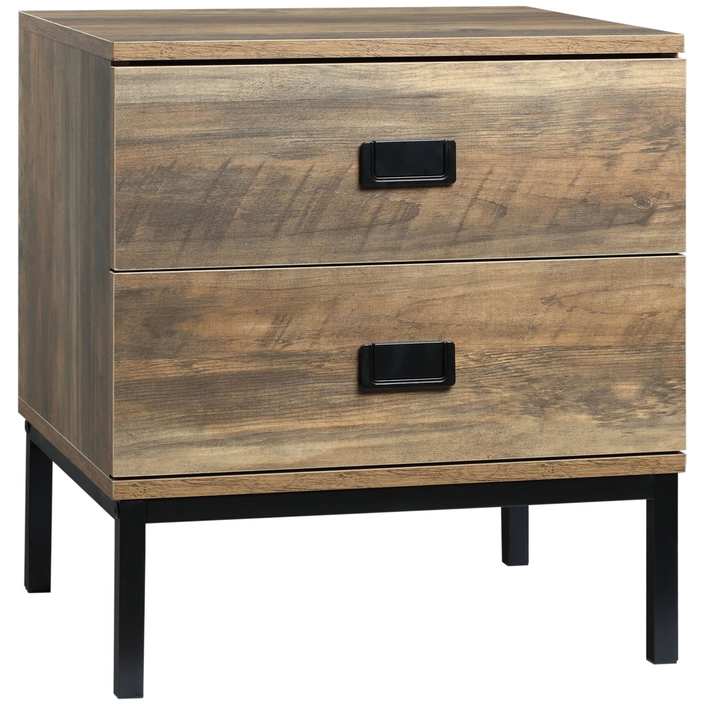 Virado Coffee Brown Retro Bedside Table With 2 Drawers And Black Metal Legs