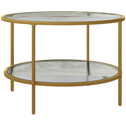 Tosomi Metal And Glass Gold Tone Round 2 Tier Coffee Table With Storage Shelf
